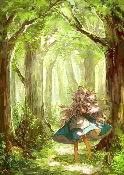 Anime picture 707x1000 with kagerou project shaft (studio) mary (kagerou project) no.18 single long hair tall image looking at viewer fringe blonde hair red eyes standing wavy hair weightlessness girl dress ribbon (ribbons) plant (plants) hair ribbon tree (trees)