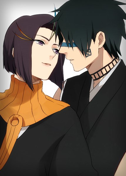 Anime picture 572x800 with bleach studio pierrot hisagi shuuhei ayasegawa yumichika yukin (es) tall image fringe short hair black hair simple background purple eyes upper body traditional clothes japanese clothes profile hair over one eye multiple boys tattoo face to face shounen ai
