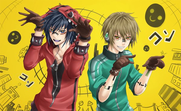 Anime picture 1300x800 with death note madhouse matryoshka (vocaloid) yagami light l (death note) tagme (artist) short hair black hair simple background smile brown hair wide image teeth tattoo city facial mark yellow background sharp teeth multicolored eyes boy