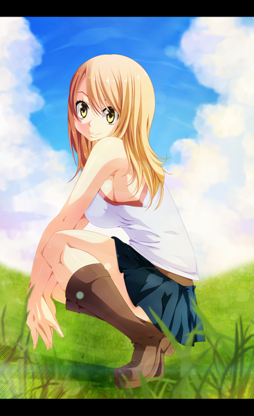 Anime picture 3200x5228 with fairy tail lucy heartfilia salim202 single long hair tall image highres breasts light erotic blonde hair smile large breasts yellow eyes absurdres sky cloud (clouds) pleated skirt coloring squat girl