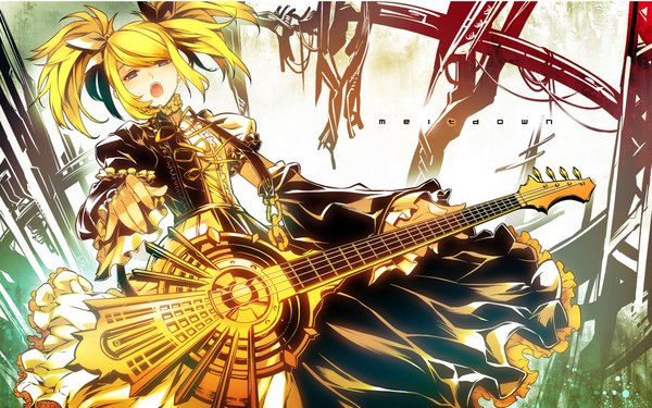Anime picture 2000x1253 with vocaloid meltdown (vocaloid) kagamine rin ress highres open mouth wide image twintails short twintails singing girl dress musical instrument guitar
