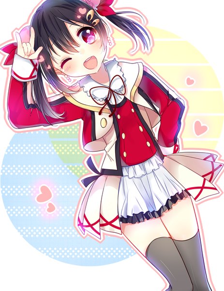 Anime picture 1152x1492 with love live! school idol project sunrise (studio) love live! yazawa nico mafuyu (chibi21) single long hair tall image looking at viewer blush open mouth black hair purple eyes twintails one eye closed wink hand on hip girl thighhighs bow
