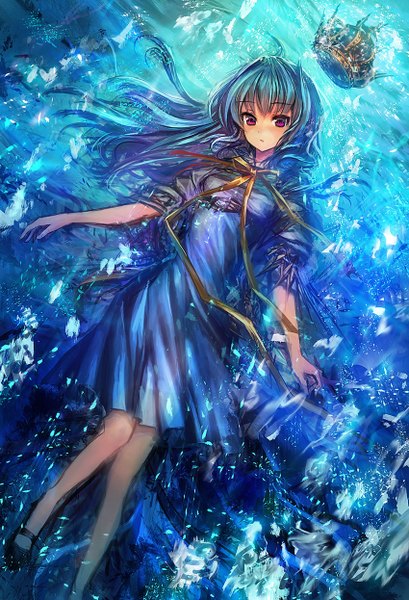 Anime picture 850x1246 with original lm7 (op-center) single long hair tall image looking at viewer open mouth red eyes blue hair :o on back spread arms knees touching girl dress bow ribbon (ribbons) shoes crown mary janes