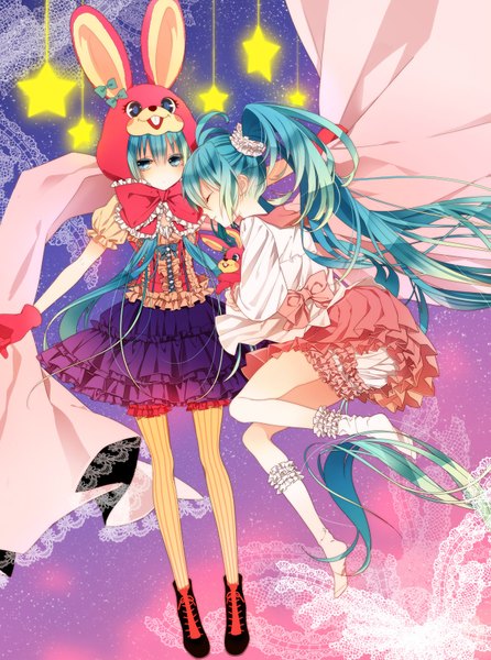 Anime picture 1311x1764 with vocaloid lol -lots of laugh- (vocaloid) hatsune miku naoto (tulip) tall image multiple girls eyes closed very long hair aqua eyes aqua hair dual persona girl dress bow 2 girls socks boots frills star (symbol) star (stars)