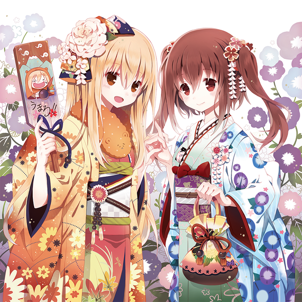 Anime picture 1000x1000 with himouto! umaru-chan doga kobo doma umaru ebina nana rednian long hair blush fringe open mouth blonde hair smile hair between eyes red eyes brown hair standing multiple girls holding brown eyes traditional clothes :d