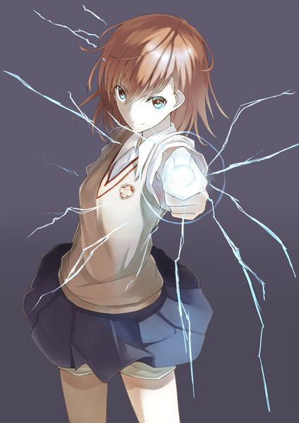 Anime picture 1000x1414 with to aru kagaku no railgun to aru majutsu no index j.c. staff misaka mikoto kauto single tall image short hair brown hair brown eyes lightning biribiri girl skirt uniform school uniform