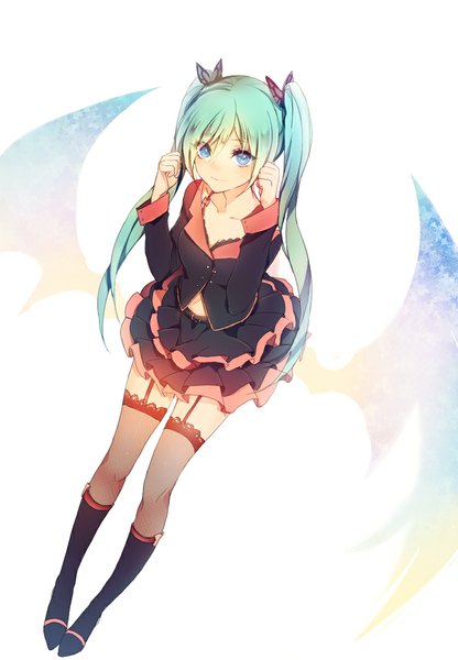 Anime picture 740x1068 with vocaloid hatsune miku lpip single tall image looking at viewer blue eyes white background twintails full body very long hair aqua hair girl thighhighs dress wings boots
