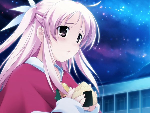 Anime picture 1024x768 with shirokuma bell stars hoshina nanami long hair brown eyes pink hair game cg night food onigiri