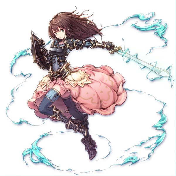 Anime picture 800x800 with original gogatsu no renkyuu single long hair looking at viewer fringe simple background smile brown hair standing white background green eyes bent knee (knees) girl thighhighs weapon sword armor armored dress shield