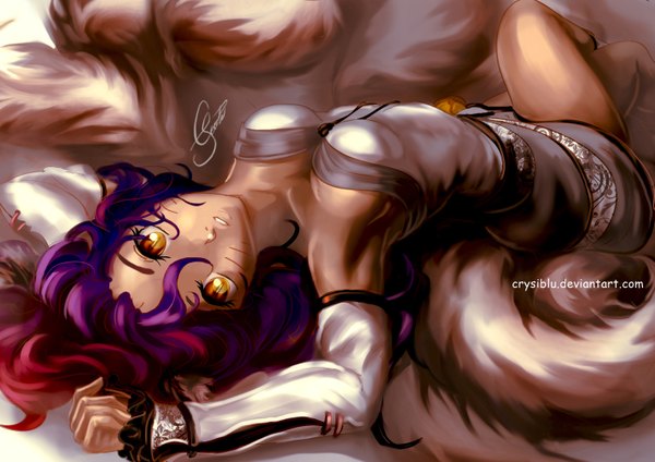 Anime picture 1417x1002 with league of legends ahri (league of legends) crysiblu (artist) single long hair looking at viewer animal ears purple hair tail armpit (armpits) orange eyes facial mark multiple tails whisker markings girl dress detached sleeves