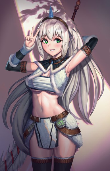 Anime picture 880x1365 with monster hunter kirin (armor) moonandmist single long hair tall image looking at viewer blush breasts light erotic smile green eyes silver hair horn (horns) sunlight shadow armpit (armpits) shiny skin underboob victory