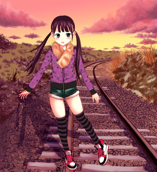 Anime picture 1100x1206 with original neuron (exceed) single long hair tall image looking at viewer blush standing purple eyes twintails purple hair cloud (clouds) shadow girl thighhighs jacket shorts striped thighhighs railways