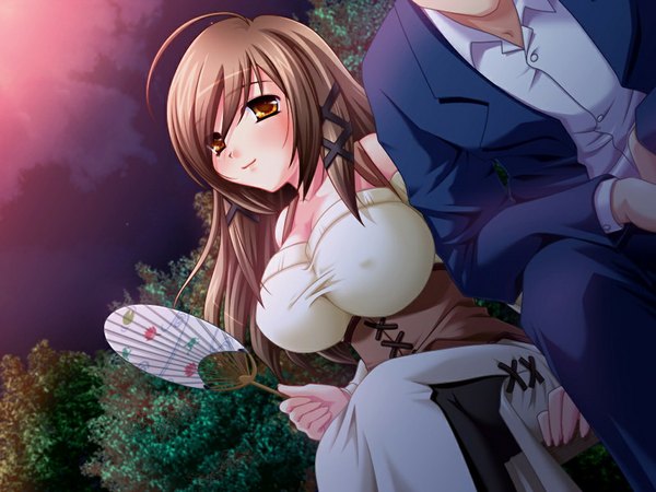 Anime picture 1024x768 with delta! - onedari tenshi to hitotsu yane no shita long hair breasts light erotic brown hair large breasts game cg girl