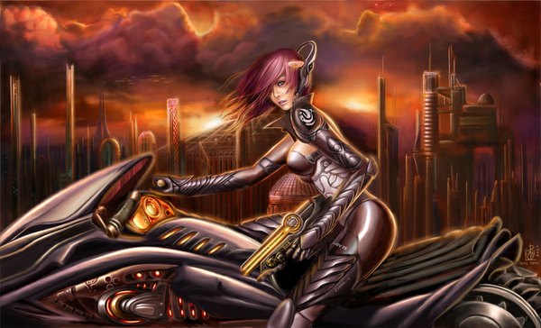 Anime picture 900x547 with paul (shiramune) single looking at viewer fringe short hair breasts wide image pink hair sky cloud (clouds) pink eyes lips realistic lipstick city evening sunset cityscape pink lipstick girl