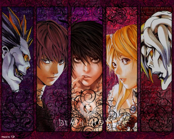 Anime picture 1280x1024 with death note madhouse yagami light l (death note) amane misa ryuk rem (death note) long hair fringe short hair black hair blonde hair smile brown hair bare shoulders brown eyes signed yellow eyes profile black eyes