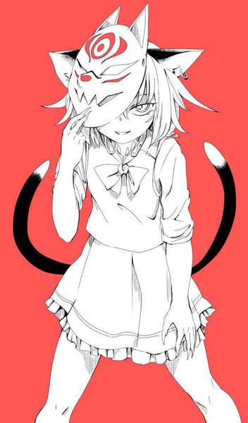 Anime picture 602x1024 with touhou chen ameyu single tall image short hair open mouth simple background smile animal ears white hair tail :d animal tail fingernails cat ears cat tail grey eyes monochrome red background