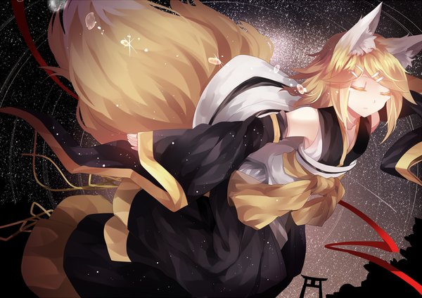 Anime picture 1000x707 with vocaloid kagamine rin shouen kigashi single short hair blonde hair bare shoulders animal ears tail eyes closed long sleeves traditional clothes japanese clothes animal tail wide sleeves sparkle fox ears fox tail constellation girl