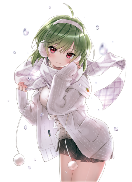 Anime picture 800x1106 with tsukigami luna single tall image looking at viewer blush fringe short hair breasts simple background smile large breasts white background ahoge long sleeves head tilt pleated skirt pink eyes green hair leaning leaning forward