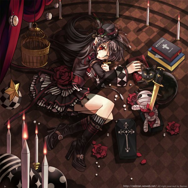 Anime picture 1000x1000 with original rednian long hair black hair lying heterochromia goth-loli girl dress flower (flowers) hat petals boots book (books) cat beads knife candle (candles) cage coffin