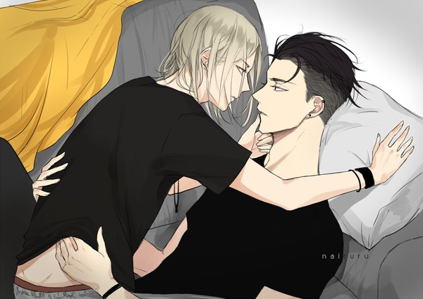 Anime picture 876x620 with yuri!!! on ice mappa yuri plisetsky otabek altin nairuru short hair black hair blonde hair parted lips multiple boys leaning leaning forward piercing finger to mouth ear piercing face to face shounen ai boy pillow pendant