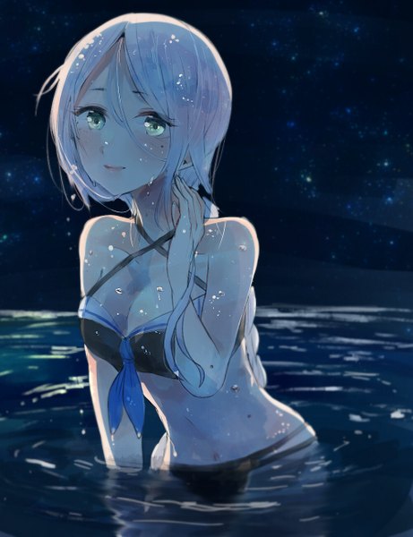 Anime picture 1000x1300 with kantai collection umikaze (kantai collection) itomugi-kun single long hair tall image looking at viewer blush fringe breasts light erotic hair between eyes large breasts bare shoulders green eyes braid (braids) light smile blurry night mole