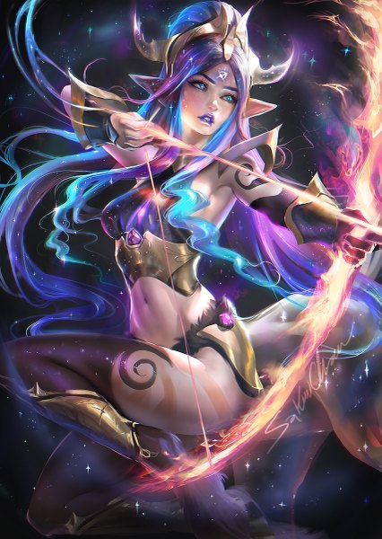 Anime picture 853x1200 with original sakimichan single long hair tall image breasts blue eyes light erotic holding blue hair looking away purple hair bent knee (knees) head tilt multicolored hair lips pointy ears realistic two-tone hair midriff