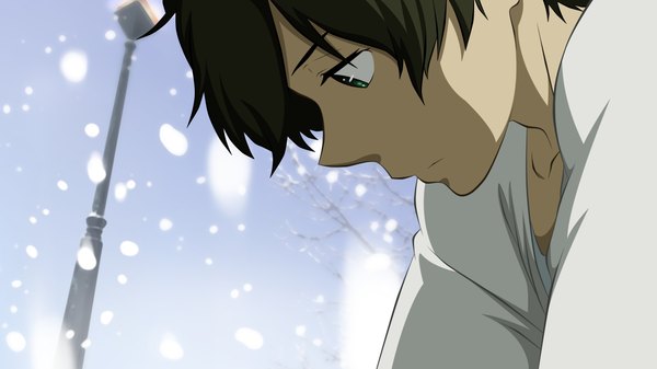 Anime picture 2200x1237 with hyouka kyoto animation oreki houtarou morrow single highres short hair brown hair wide image green eyes sunlight looking down snowing winter vector boy plant (plants) tree (trees) lantern lamppost