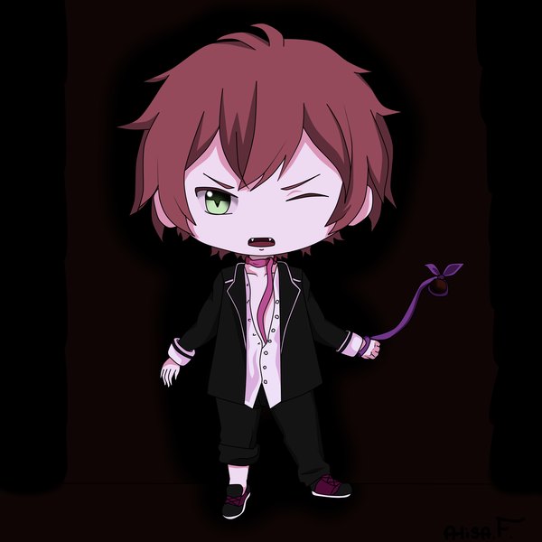 Anime picture 3000x3000 with diabolik lovers idea factory sakamaki ayato alisa.f highres simple background green eyes red hair open clothes teeth fang (fangs) open shirt chibi vector angry brown background vampire boy ribbon (ribbons) pants
