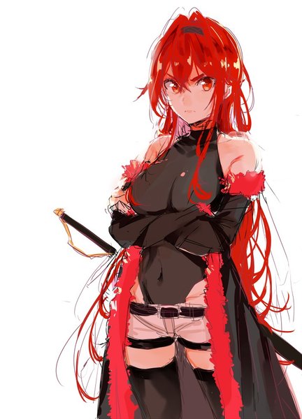 Anime picture 700x972 with mushoku tensei studio bind eris boreas greyrat pinch (nesume) single long hair tall image fringe breasts light erotic simple background hair between eyes red eyes large breasts standing white background bare shoulders payot looking away red hair