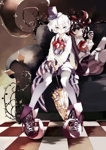 Anime picture 1000x1414 with original uki (artist) tall image looking at viewer short hair blue eyes smile sitting white hair high heels grin striped checkered floor crescent girl gloves shorts boots star (symbol) moon