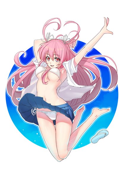 Anime picture 720x1050 with original kagerou (shadowmage) single long hair tall image looking at viewer breasts open mouth light erotic red eyes white background pink hair open clothes open shirt girl skirt navel swimsuit bikini shirt