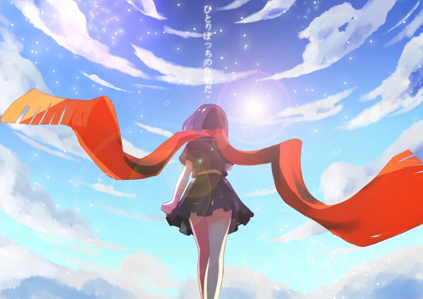 Anime picture 1200x848 with kagerou project shaft (studio) tateyama ayano single short hair black hair standing sky cloud (clouds) pleated skirt wind sunlight bare legs short sleeves back sunbeam girl skirt scarf sun