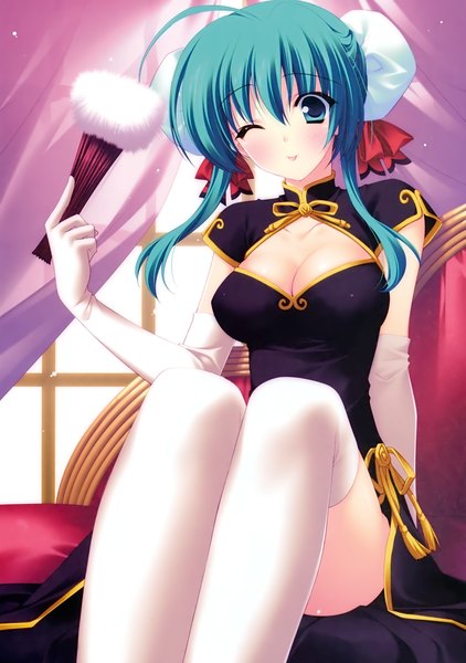 Anime picture 2112x3000 with r.g.b! shiki midori suzuhira hiro long hair tall image blush highres blue eyes light erotic blue hair one eye closed wink scan chinese clothes :p girl thighhighs gloves white thighhighs elbow gloves