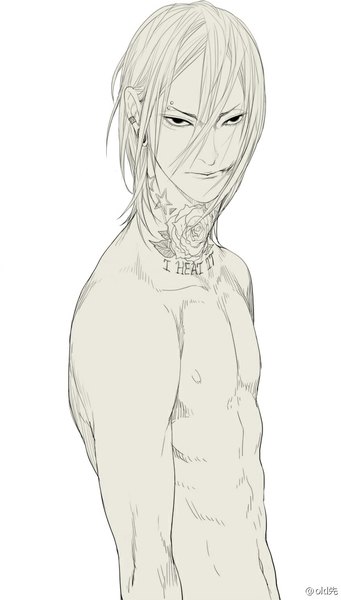 Anime picture 600x1053 with original oldxian single tall image looking at viewer fringe short hair simple background hair between eyes white background signed white hair black eyes tattoo piercing monochrome ear piercing topless shirtless eyebrow piercing