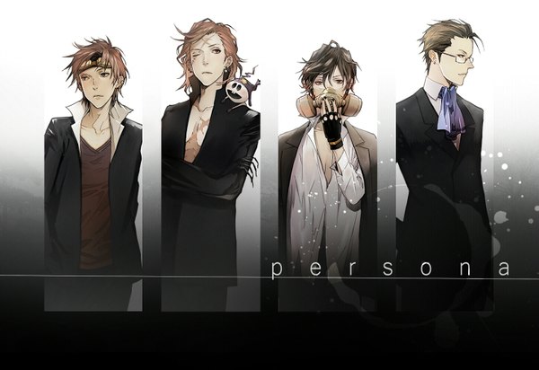 Anime picture 1445x994 with persona jack frost (rise of the guardians) inaba masao kido reiji nanjou kei hidehiko uesugi koutarou (artist) short hair brown hair brown eyes nail polish profile inscription multiple boys piercing scar group partially open clothes boy gloves