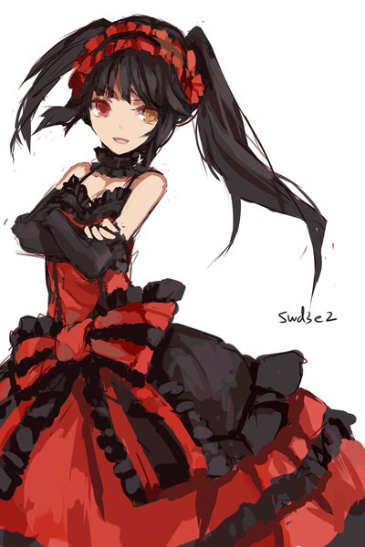 Anime picture 1417x2125 with date a live tokisaki kurumi swd3e2 single long hair tall image looking at viewer open mouth black hair white background twintails heterochromia uneven twintails girl dress bow detached sleeves