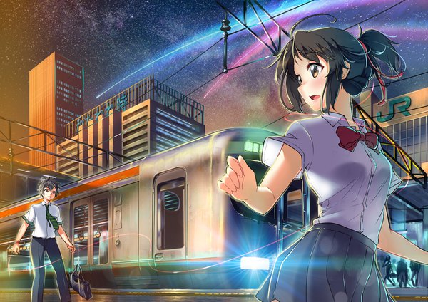 Anime picture 1920x1357 with kimi no na wa miyamizu mitsuha tachibana taki carillus long hair highres short hair open mouth black hair brown eyes payot sky ahoge ponytail pleated skirt looking back night night sky lens flare city