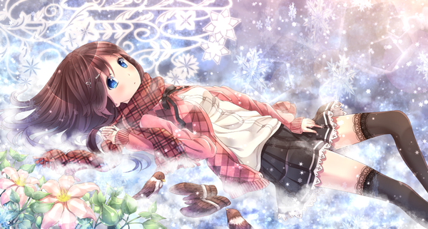 Anime picture 1000x535 with original yasuno (airy light) single long hair blush blue eyes brown hair wide image lying girl thighhighs skirt flower (flowers) black thighhighs miniskirt scarf sweater