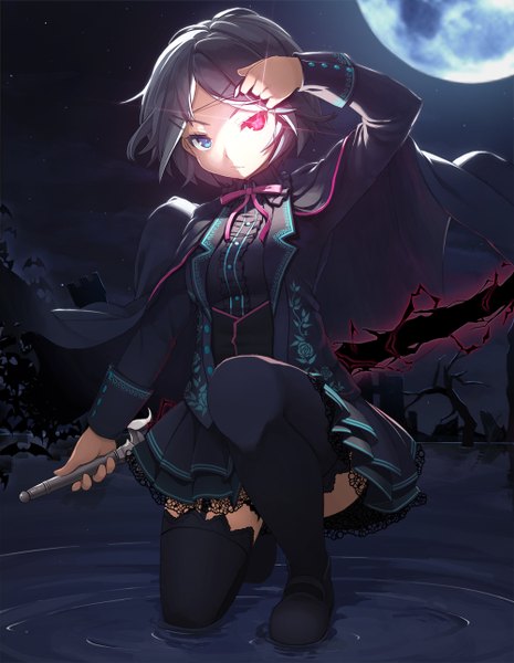 Anime picture 1000x1289 with sword girls iri flina single tall image looking at viewer short hair silver hair night night sky heterochromia glowing glowing eye (eyes) girl thighhighs dress weapon black thighhighs sword black dress moon