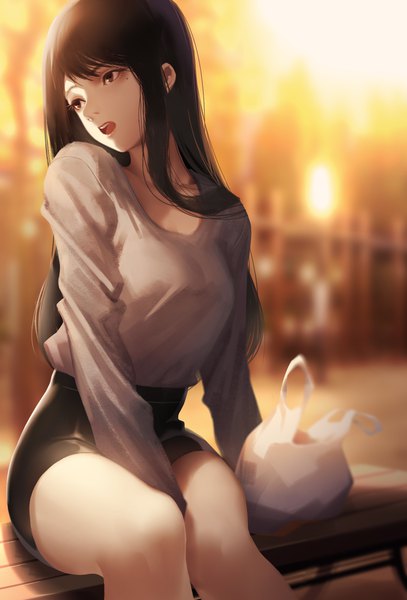 Anime picture 1252x1844 with original de da xianyu single long hair tall image open mouth black hair sitting brown eyes looking away blurry turning head between legs girl skirt bench pencil skirt plastic bag