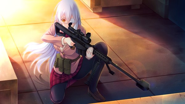 Anime picture 1280x720 with innocent bullet miyasu sanae single long hair wide image game cg white hair orange eyes girl skirt uniform weapon school uniform gun eyepatch