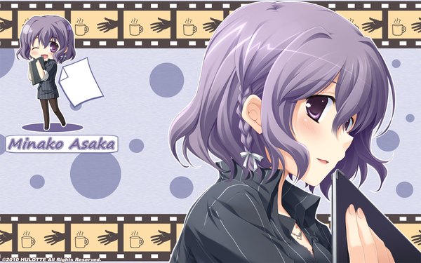 Anime picture 1920x1200 with with ribbon minako asaka ikegami akane highres short hair wide image purple eyes purple hair chibi film strip girl