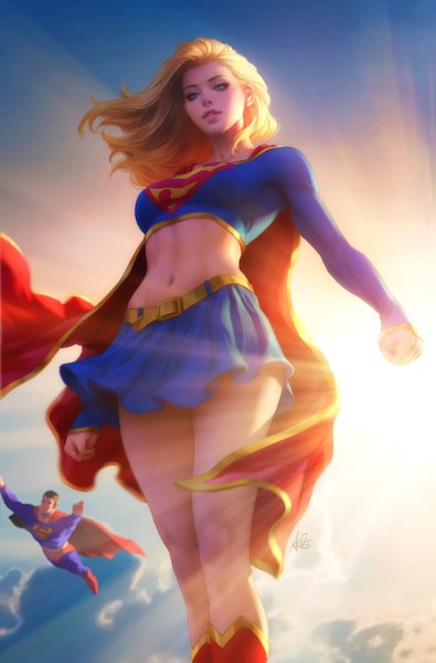 Anime picture 1712x2600 with superman dc comics supergirl superman (character) artgerm (stanley lau) long hair tall image highres short hair blue eyes black hair blonde hair signed sky cloud (clouds) outdoors parted lips wind lips sunlight
