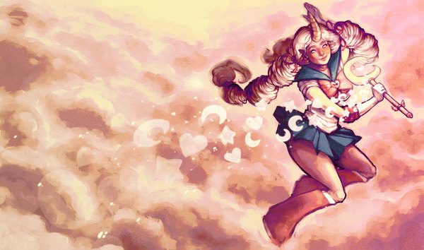 Anime picture 1367x807 with bishoujo senshi sailor moon league of legends toei animation soraka (league of legends) neodalion single long hair wide image twintails holding cloud (clouds) braid (braids) horn (horns) twin braids crescent hair ornament serafuku heart star (symbol) staff