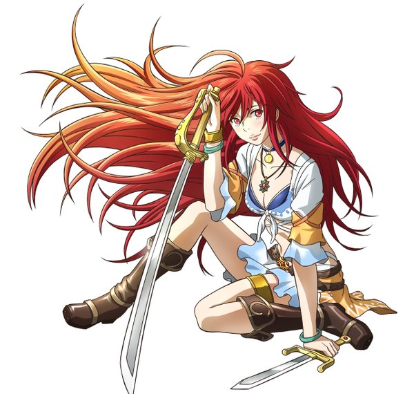 Anime picture 1280x1218 with tenkyou no alderamin yatorishino xam tagme (artist) single long hair blush fringe breasts simple background hair between eyes red eyes white background sitting looking away cleavage full body red hair bare belly lipstick floating hair
