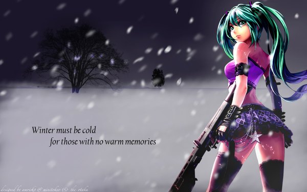 Anime picture 1440x900 with vocaloid hatsune miku single long hair wide image twintails green eyes looking back green hair wind text snowing winter snow convenient censoring english girl thighhighs skirt gloves