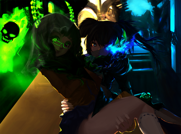 Anime picture 1912x1425 with black rock shooter black rock shooter (character) dead master blackrabbitsoul long hair highres blue eyes black hair twintails multiple girls green eyes horn (horns) glowing glowing eye (eyes) girl 2 girls glasses