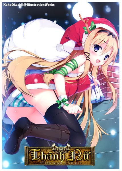 Anime picture 690x965 with original kaho okashii single long hair tall image blush open mouth blue eyes light erotic blonde hair smile horn (horns) inscription night night sky fur trim christmas framed girl thighhighs