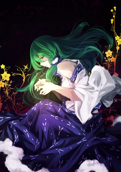 Anime picture 1578x2232 with touhou kochiya sanae kalalasan single long hair tall image fringe yellow eyes green hair light dark background girl flower (flowers) plant (plants) detached sleeves hair tubes