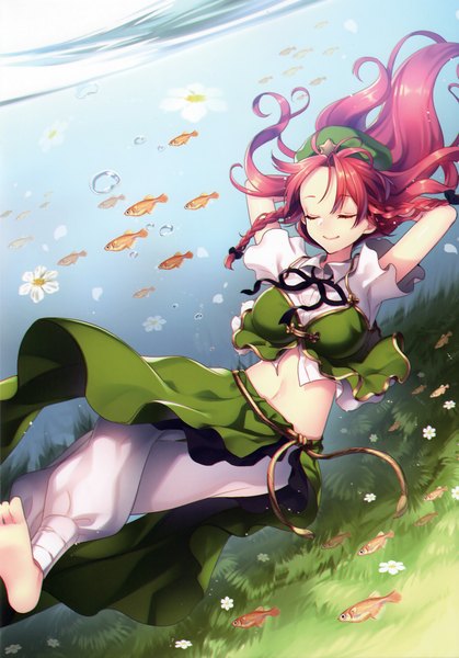 Anime picture 2115x3025 with touhou hong meiling masaru.jp single long hair tall image highres smile red hair braid (braids) eyes closed traditional clothes barefoot bare belly twin braids chinese clothes arms behind head underwater girl navel